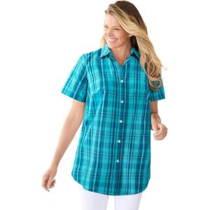 Woman Within Plus Size Petite Perfect Short Sleeve Shirt(Aquamarine Plaid)