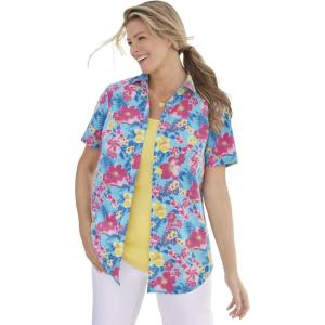 Woman Within Plus Size Petite Perfect Short Sleeve Shirt(Azure Watercolor Flower)