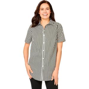 Woman Within Plus Size Petite Perfect Short Sleeve Shirt(Black Stripe)