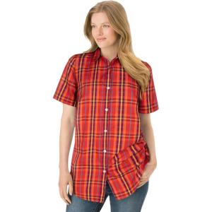 Woman Within Plus Size Petite Perfect Short Sleeve Shirt(Classic Red Multi Plaid)