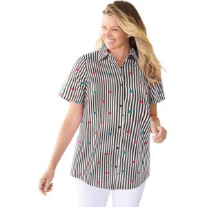 Woman Within Plus Size Petite Perfect Short Sleeve Shirt(Heart Stripe Black Multi)