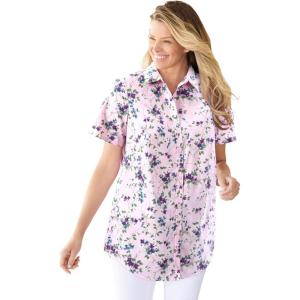 Woman Within Plus Size Petite Perfect Short Sleeve Shirt(Pink Pretty Bloom)