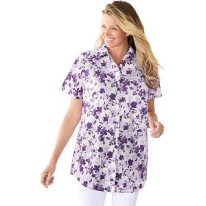 Woman Within Plus Size Petite Perfect Short Sleeve Shirt(Soft Iris Shadow Floral)