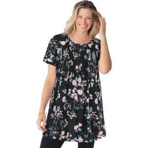 Woman Within Plus Size Short-Sleeve Pintucked Henley Tunic(Black Multi Sweet Garden)