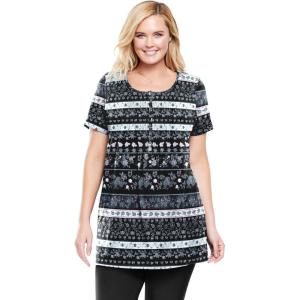Woman Within Plus Size Short-Sleeve Pintucked Henley Tunic(Black Patchwork Stripe)