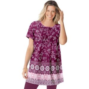 Woman Within Plus Size Short-Sleeve Pintucked Henley Tunic(Deep Claret Border)