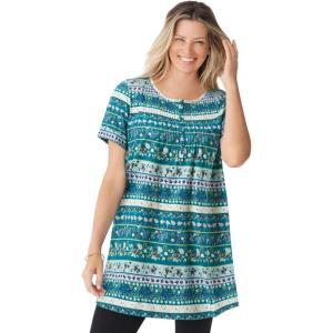 Woman Within Plus Size Short-Sleeve Pintucked Henley Tunic(Deep Teal Patchwork Stripe)