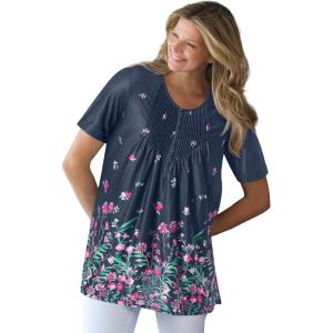 Woman Within Plus Size Short-Sleeve Pintucked Henley Tunic(Navy Pink Garden Border)