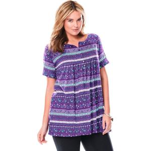 Woman Within Plus Size Short-Sleeve Pintucked Henley Tunic(Purple Patchwork Stripe)
