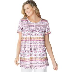 Woman Within Plus Size Short-Sleeve Pintucked Henley Tunic(White Patchwork Stripe)