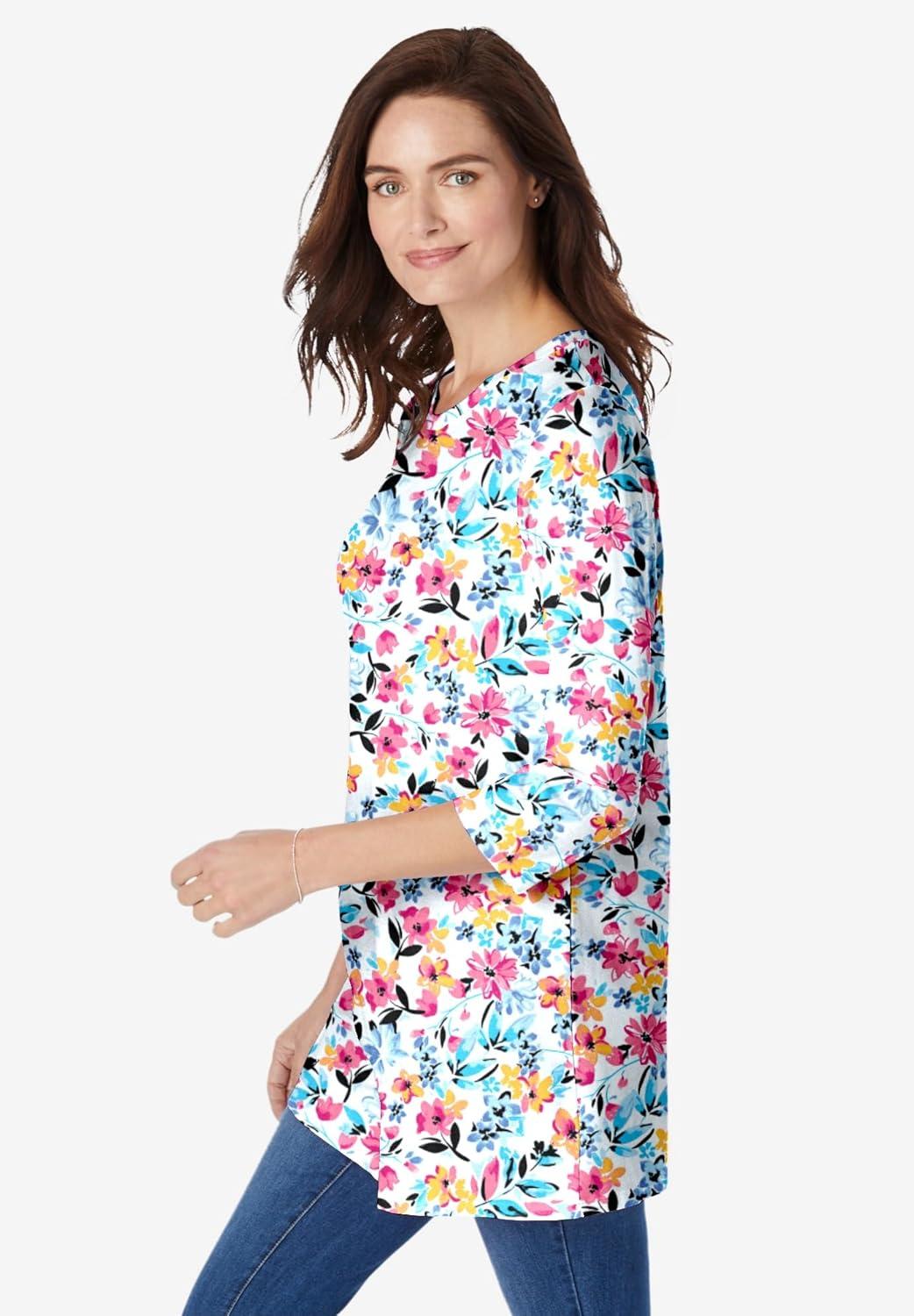 imageWoman Within Plus Size Perfect Printed ThreeQuarter Sleeve Crewneck TunicWhite Painterly Bloom