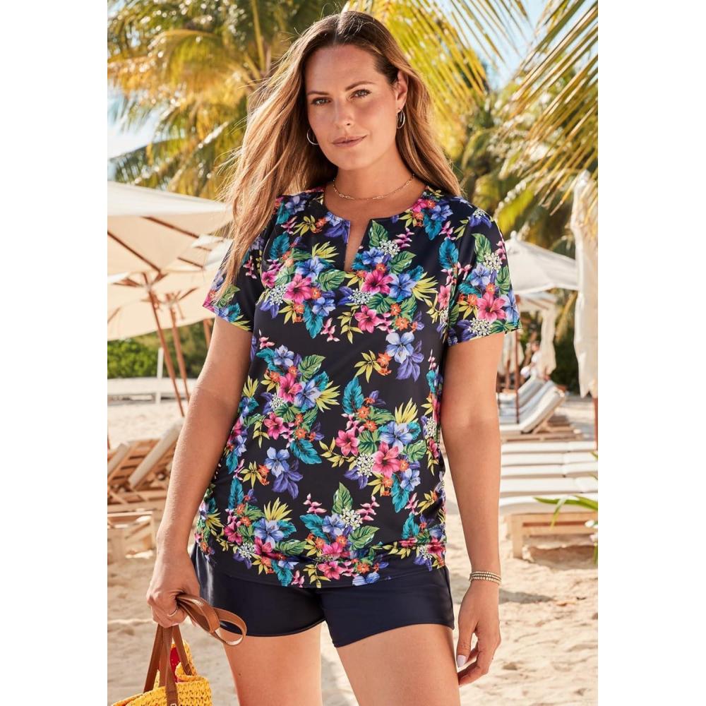 imageSwim 365 Womens Plus Size SplitNeck Short Sleeve Swim Tee with Builtin BraNavy Hibiscus