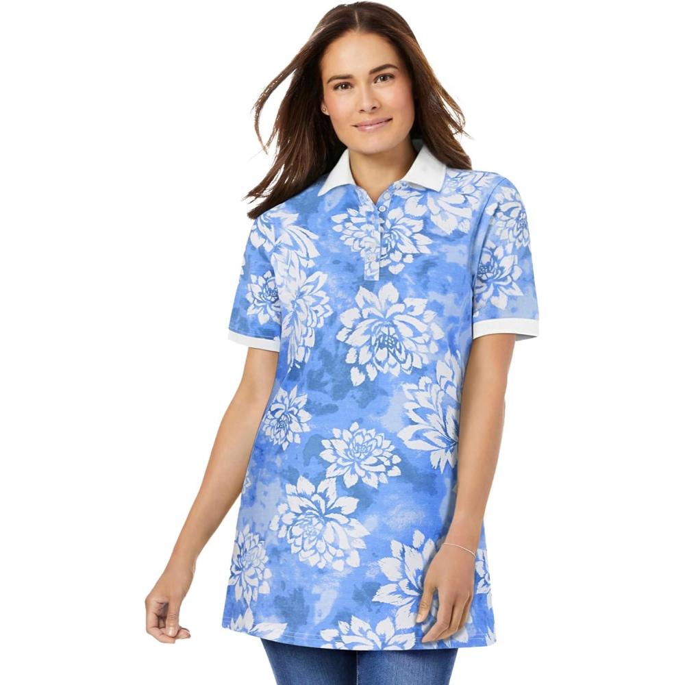 imageWoman Within Plus Size Perfect Printed ShortSleeve Polo ShirtFrench Blue Soft Lotus
