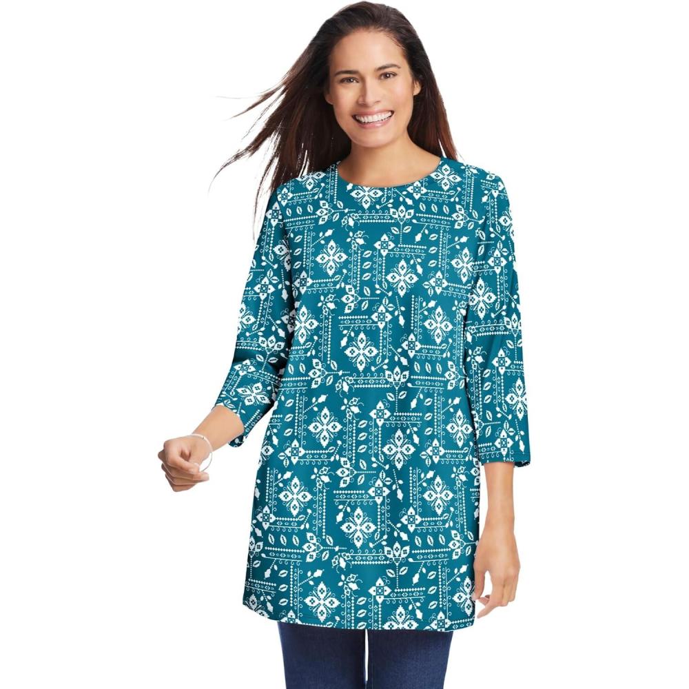 imageWoman Within Plus Size Perfect Printed ThreeQuarter Sleeve Crewneck TunicDeep Teal Patchwork