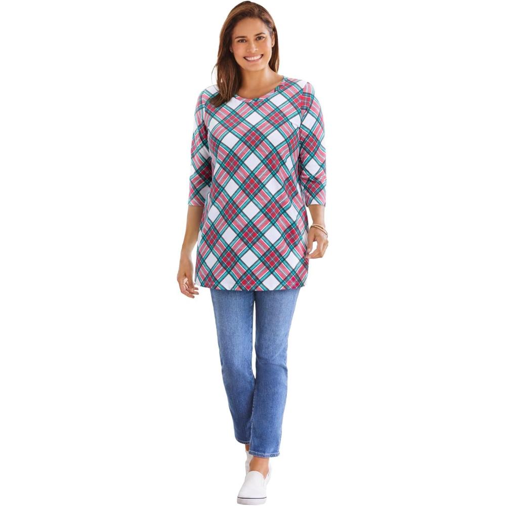 imageWoman Within Plus Size Perfect Printed ThreeQuarter Sleeve Crewneck TunicWhite Red Plaid