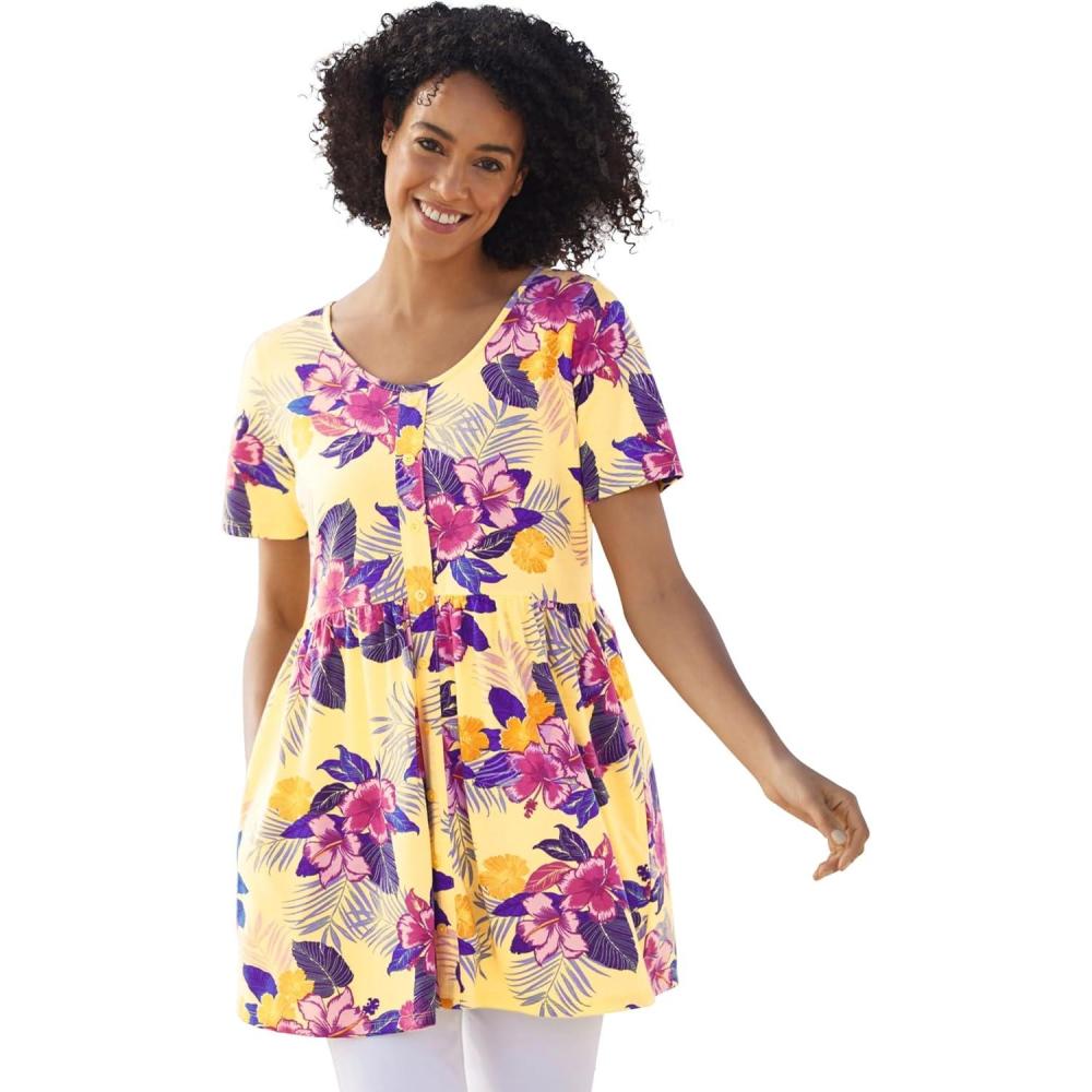imageWoman Within Plus Size ShortSleeve Empire Waist TunicBanana Hibiscus Tropicana