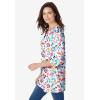 Woman Within Plus Size Perfect Printed Three-Quarter Sleeve Crewneck Tunic(White Painterly Bloom)
