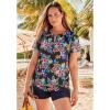 Swim 365 Women’s Plus Size Split-Neck Short Sleeve Swim Tee with Built-in Bra(Navy Hibiscus)