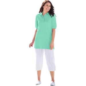 Woman Within Plus Size Elbow-Sleeve Polo Tunic(Pale Seafoam)