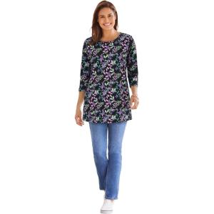 Woman Within Plus Size Perfect Printed Three-Quarter Sleeve Crewneck Tunic(Black Multi Floral)