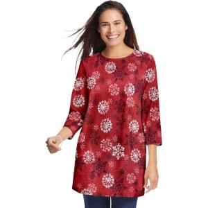 Woman Within Plus Size Perfect Printed Three-Quarter Sleeve Crewneck Tunic(Classic Red Textured Snowflake)