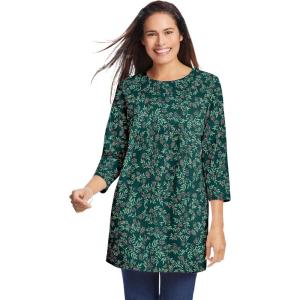 Woman Within Plus Size Perfect Printed Three-Quarter Sleeve Crewneck Tunic(Emerald Green Leaf Print)
