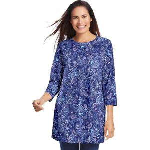 Woman Within Plus Size Perfect Printed Three-Quarter Sleeve Crewneck Tunic(Evening Blue Paisley)