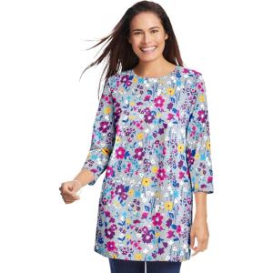 Woman Within Plus Size Perfect Printed Three-Quarter Sleeve Crewneck Tunic(Heather Grey Field Floral)