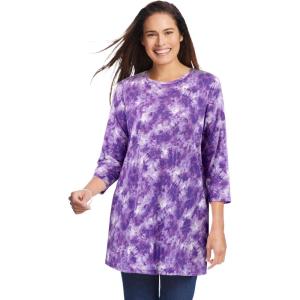Woman Within Plus Size Perfect Printed Three-Quarter Sleeve Crewneck Tunic(Petal Purple Tie Dye)