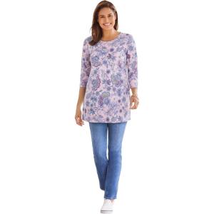Woman Within Plus Size Perfect Printed Three-Quarter Sleeve Crewneck Tunic(Pink Tie Dye Batik)