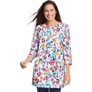 Woman Within Plus Size Perfect Printed Three-Quarter Sleeve Crewneck Tunic(White Painterly Bloom)
