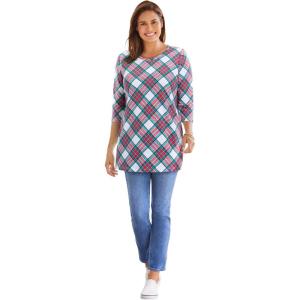 Woman Within Plus Size Perfect Printed Three-Quarter Sleeve Crewneck Tunic(White Red Plaid)