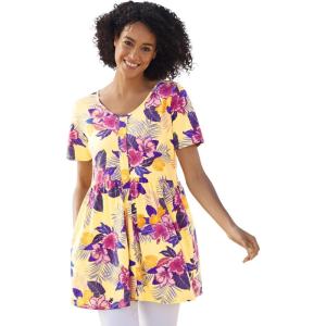 Woman Within Plus Size Short-Sleeve Empire Waist Tunic(Banana Hibiscus Tropicana)
