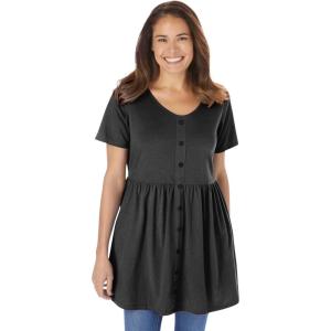 Woman Within Plus Size Short-Sleeve Empire Waist Tunic(Black)