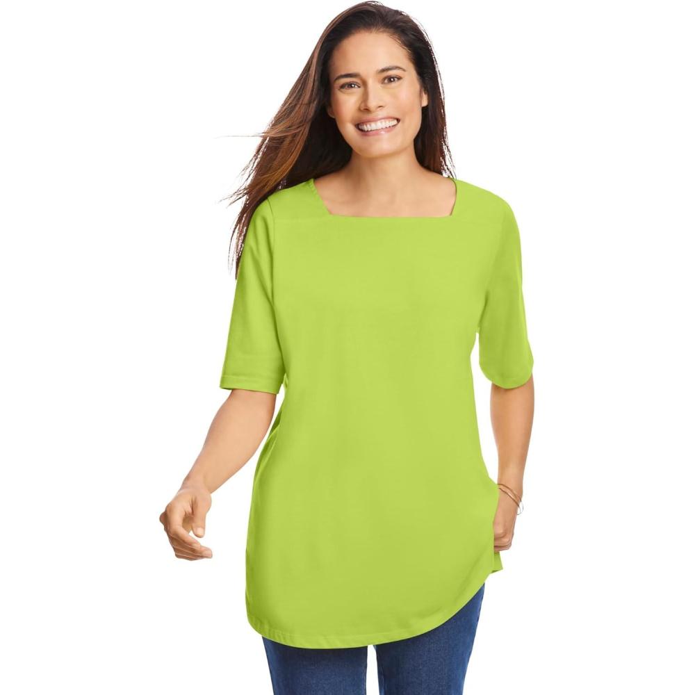 imageWoman Within Plus Size Perfect ElbowSleeve SquareNeck TeeLime