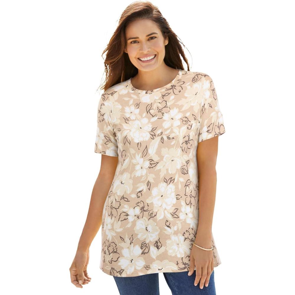 imageWoman Within Plus Size Perfect Printed ShortSleeve Crewneck TeeNew Khaki Bloom