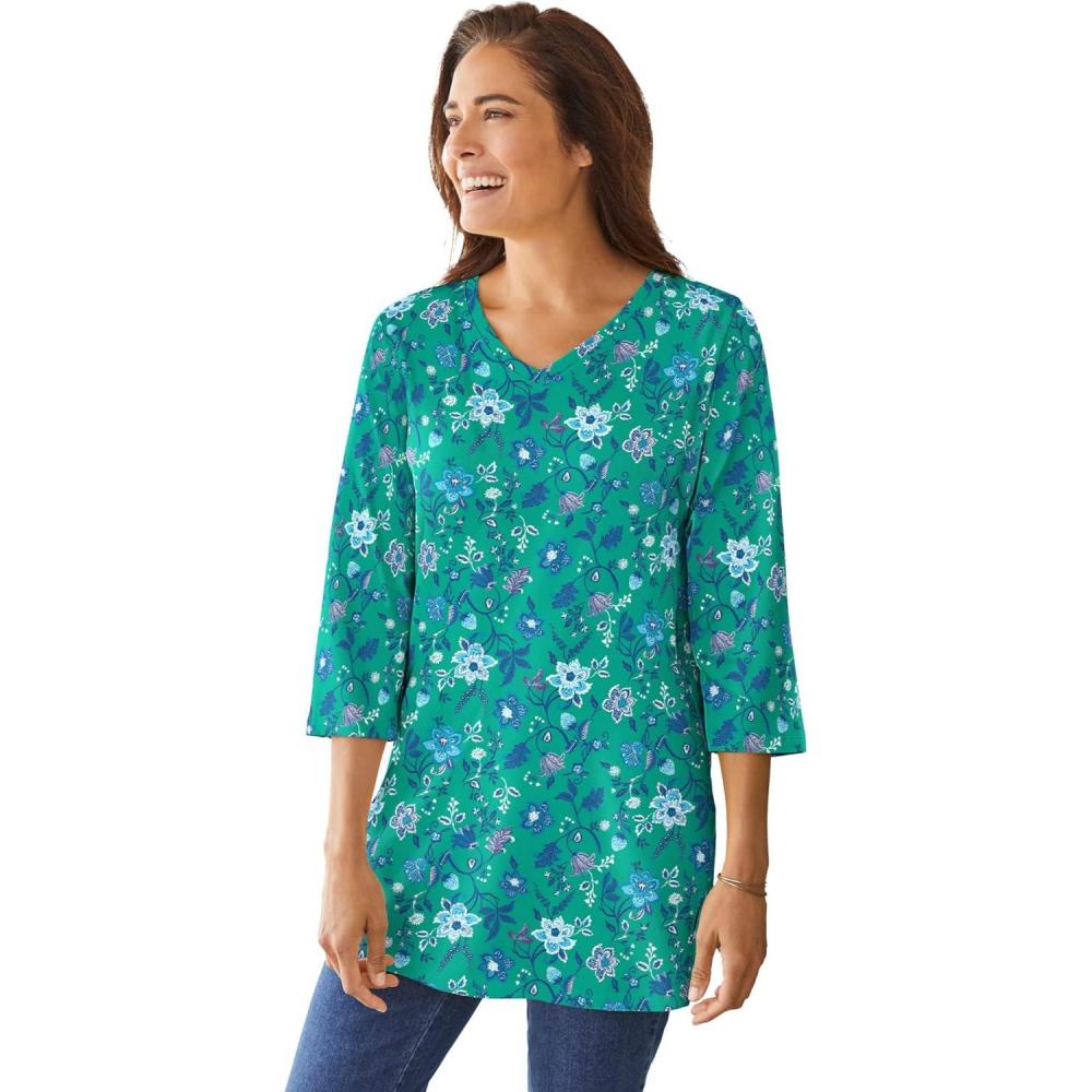 imageWoman Within Plus Size Perfect Printed ThreeQuarterSleeve VNeck TunicPretty Jade Jacquard Floral