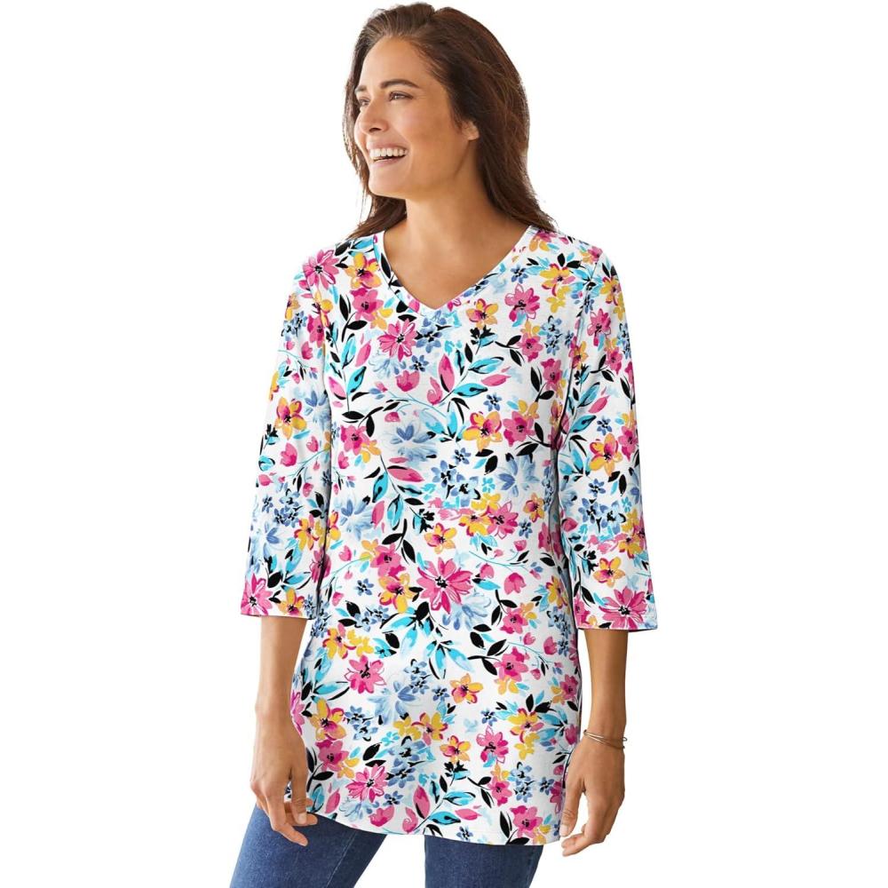 imageWoman Within Plus Size Perfect Printed ThreeQuarterSleeve VNeck TunicWhite Painterly Bloom