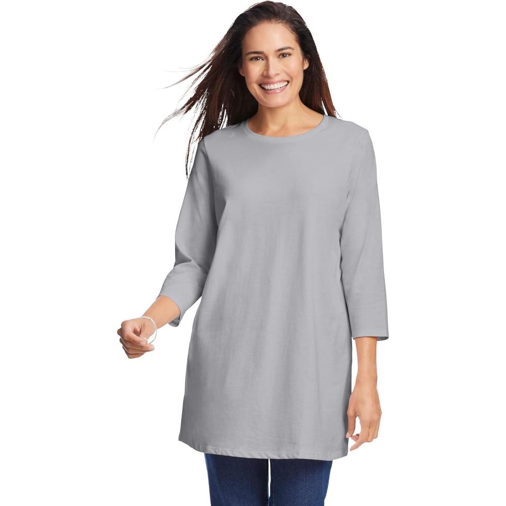 imageWoman Within Plus Size Perfect ThreeQuarter Sleeve Crewneck TunicHeather Grey