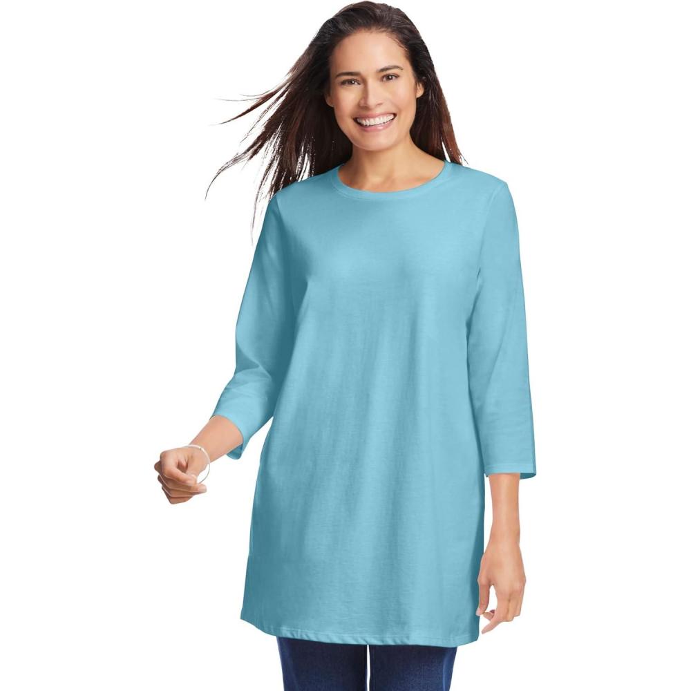 imageWoman Within Plus Size Perfect ThreeQuarter Sleeve Crewneck TunicSeamist Blue