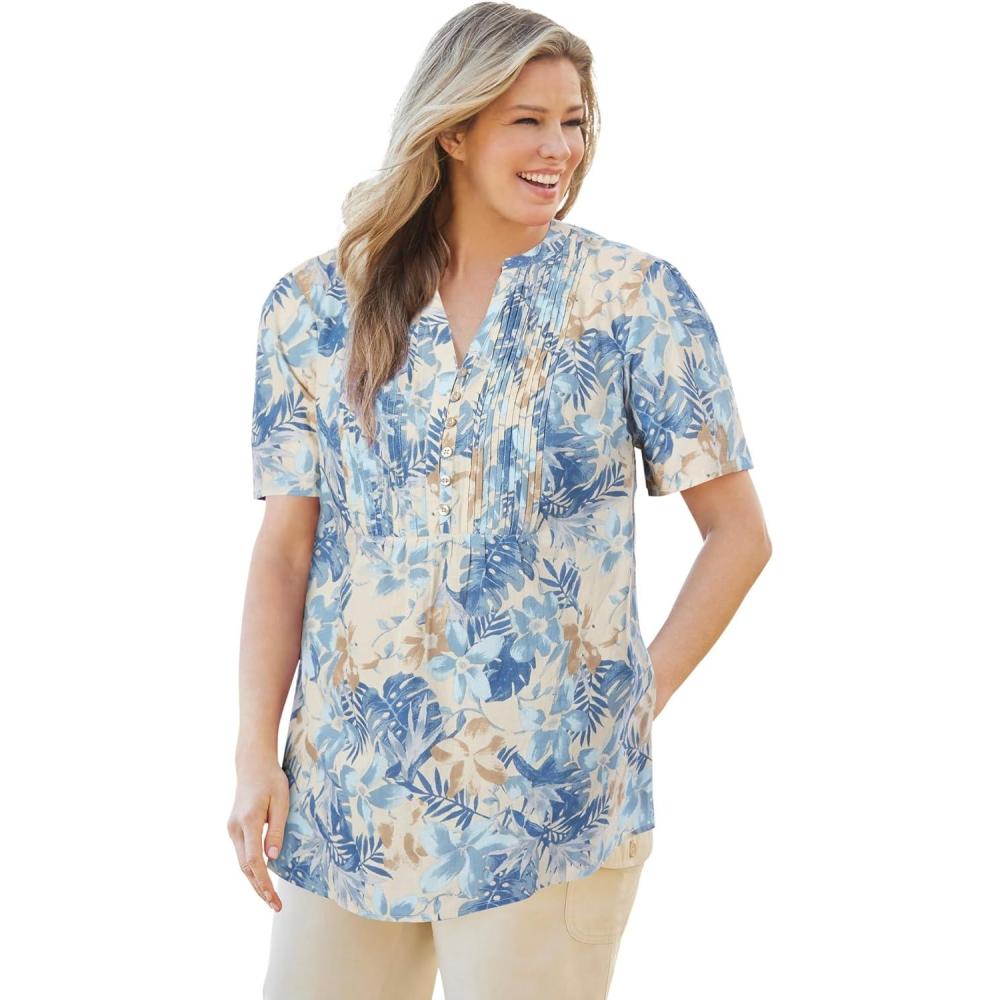 imageWoman Within Plus Size Pintucked HalfButton TunicNatural Khaki Tropical