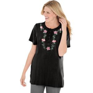 Woman Within Plus Size 7-Day Embroidered Pointelle Tunic(Black Floral Embroidery)