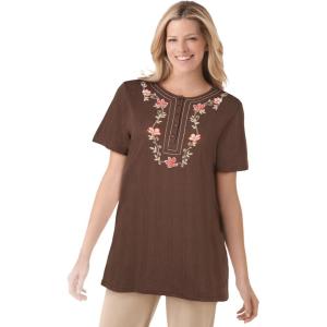 Woman Within Plus Size 7-Day Embroidered Pointelle Tunic(Chocolate Floral Embroidery)