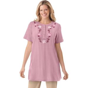 Woman Within Plus Size 7-Day Embroidered Pointelle Tunic(Dusty Pink Floral Embroidery)