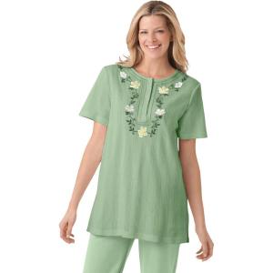Woman Within Plus Size 7-Day Embroidered Pointelle Tunic(Sage Floral Embroidery)