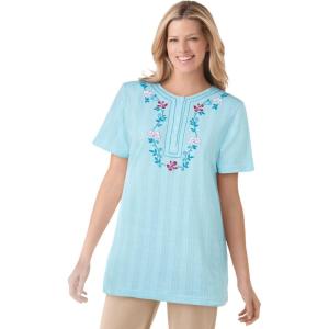 Woman Within Plus Size 7-Day Embroidered Pointelle Tunic(Seamist Blue Floral Embroidery)