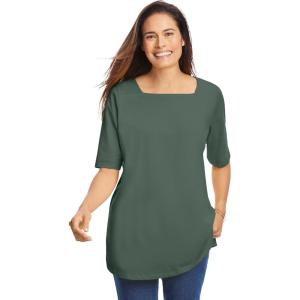 Woman Within Plus Size Perfect Elbow-Sleeve Square-Neck Tee(Pine)