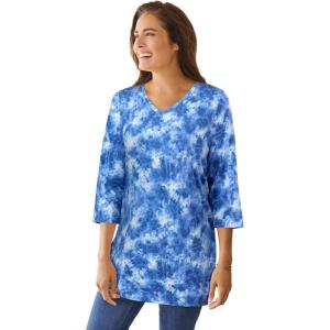 Woman Within Plus Size Perfect Printed Three-Quarter-Sleeve V-Neck Tunic(Royal Navy Tie Dye)
