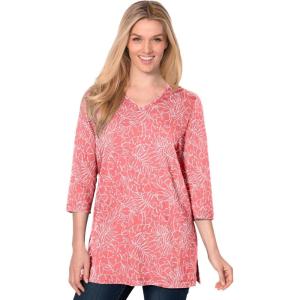 Woman Within Plus Size Perfect Printed Three-Quarter-Sleeve V-Neck Tunic(Sweet Coral Palm)
