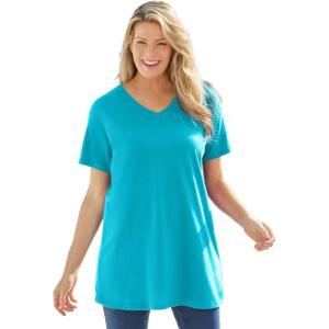 Woman Within Plus Size Perfect Short-Sleeve V-Neck Tunic(Pretty Turquoise)